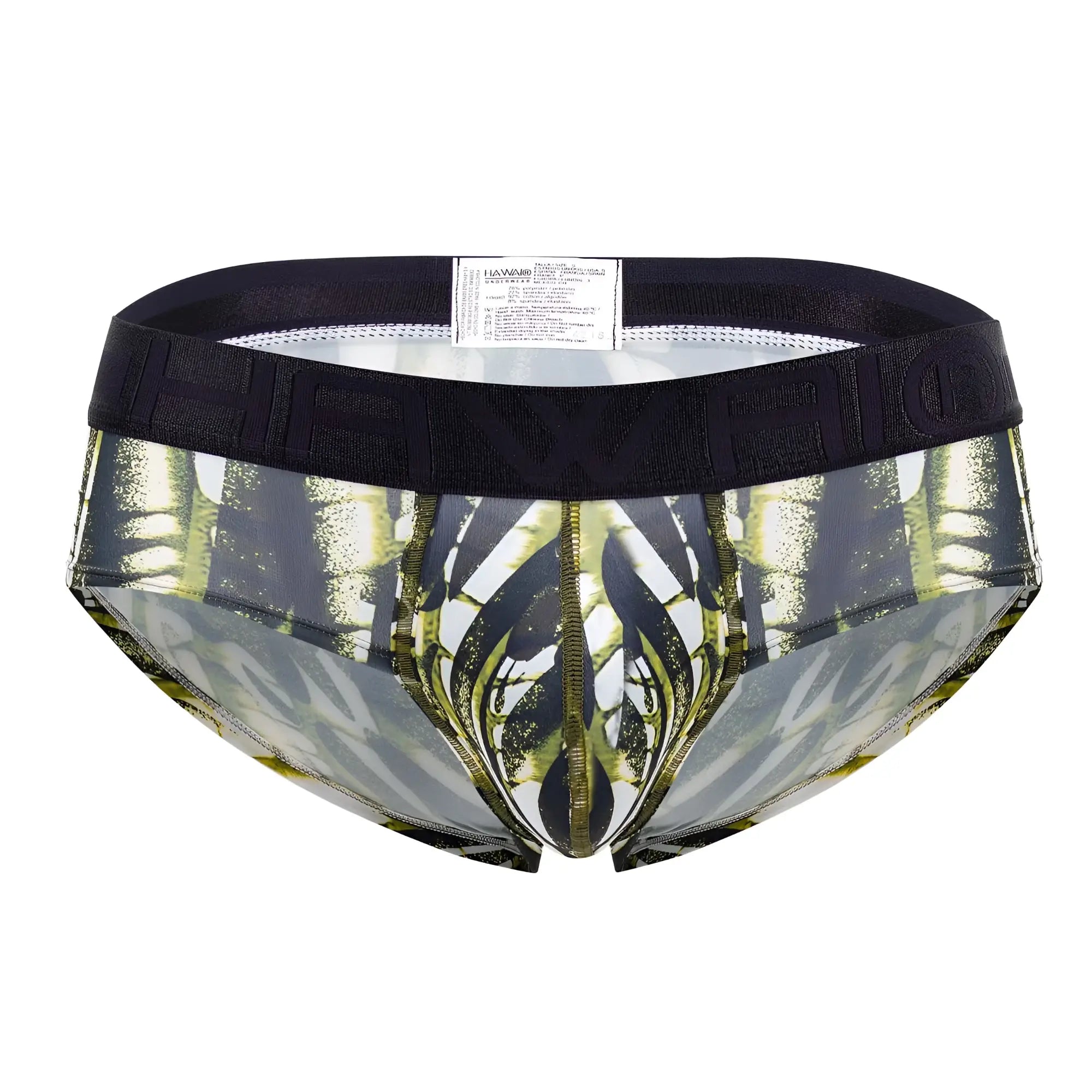 Black and green patterned hawai 42192 printed microfiber hip briefs in military green with bold abstract design