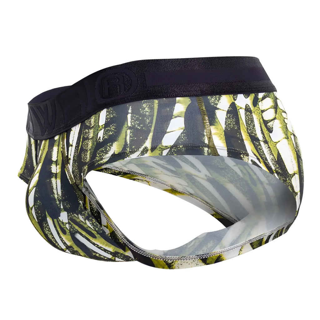 Black waistband with subtle logo paired with vibrant green and white leaf print microfiber hip briefs in military green