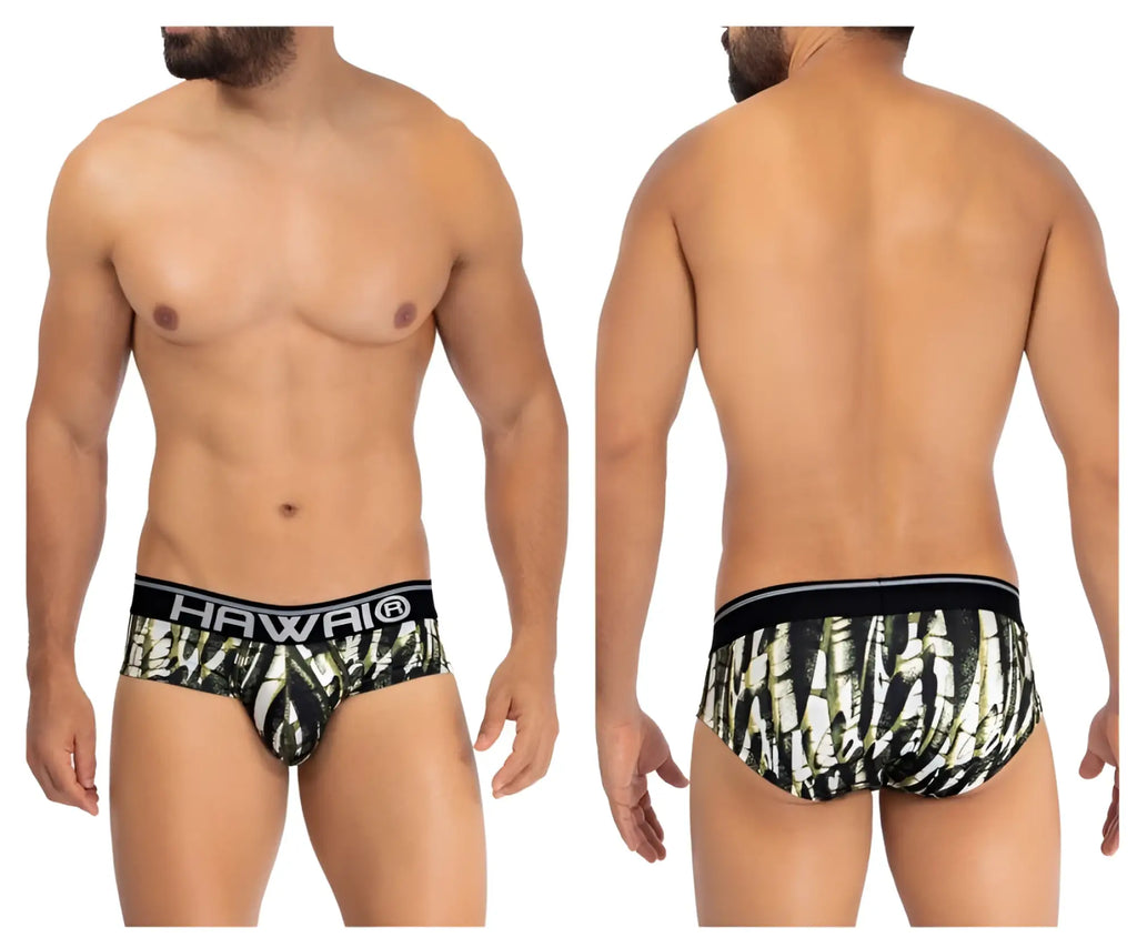 Black and white bamboo patterned hawaii 42192 printed microfiber hip briefs with solid black waistband military green color