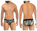 Black and white bamboo patterned hawaii 42192 printed microfiber hip briefs with solid black waistband military green color