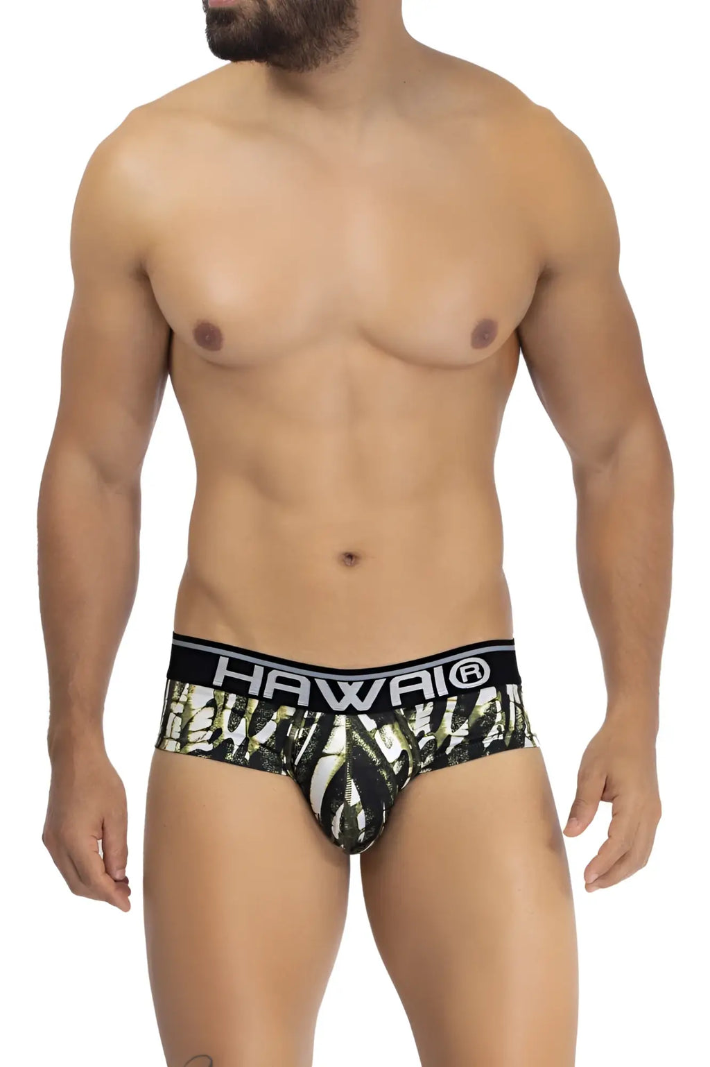 Hawai 42192 printed microfiber hip briefs in military green with black and white tropical leaf pattern and hawaii waistband