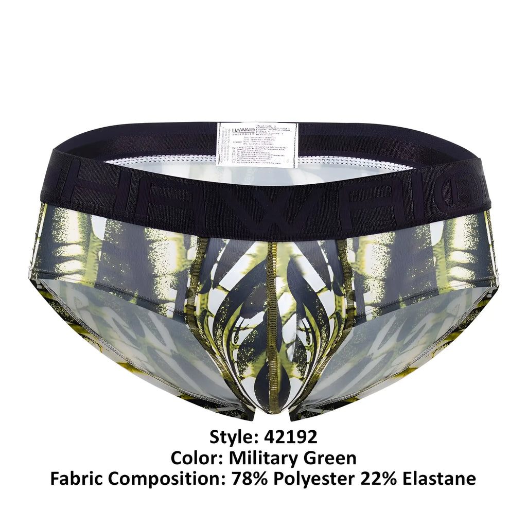 Military green microfiber hip briefs with printed pattern and black elastic waistband featuring brand name hawaii