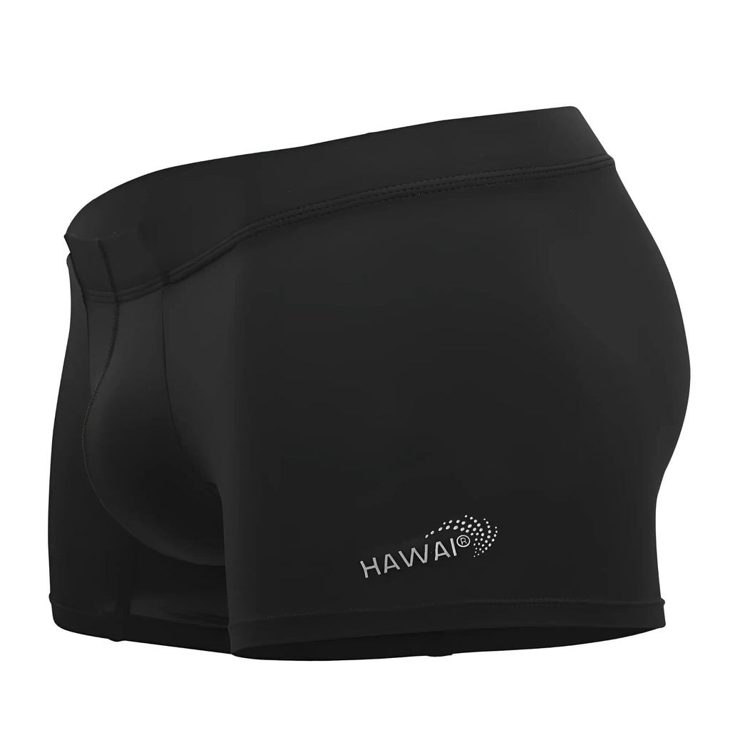 Black Hawai 42222 microfiber swim trunks in black with a sleek form-fitting design and subtle white logo on the lower right leg