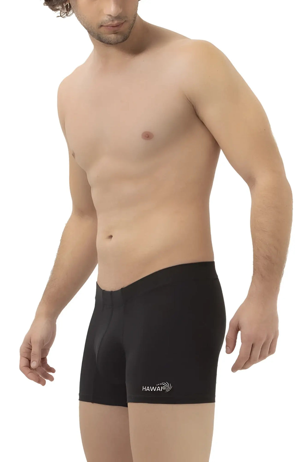 Black Hawaii microfiber trunks in black with a subtle white logo on the lower left leg