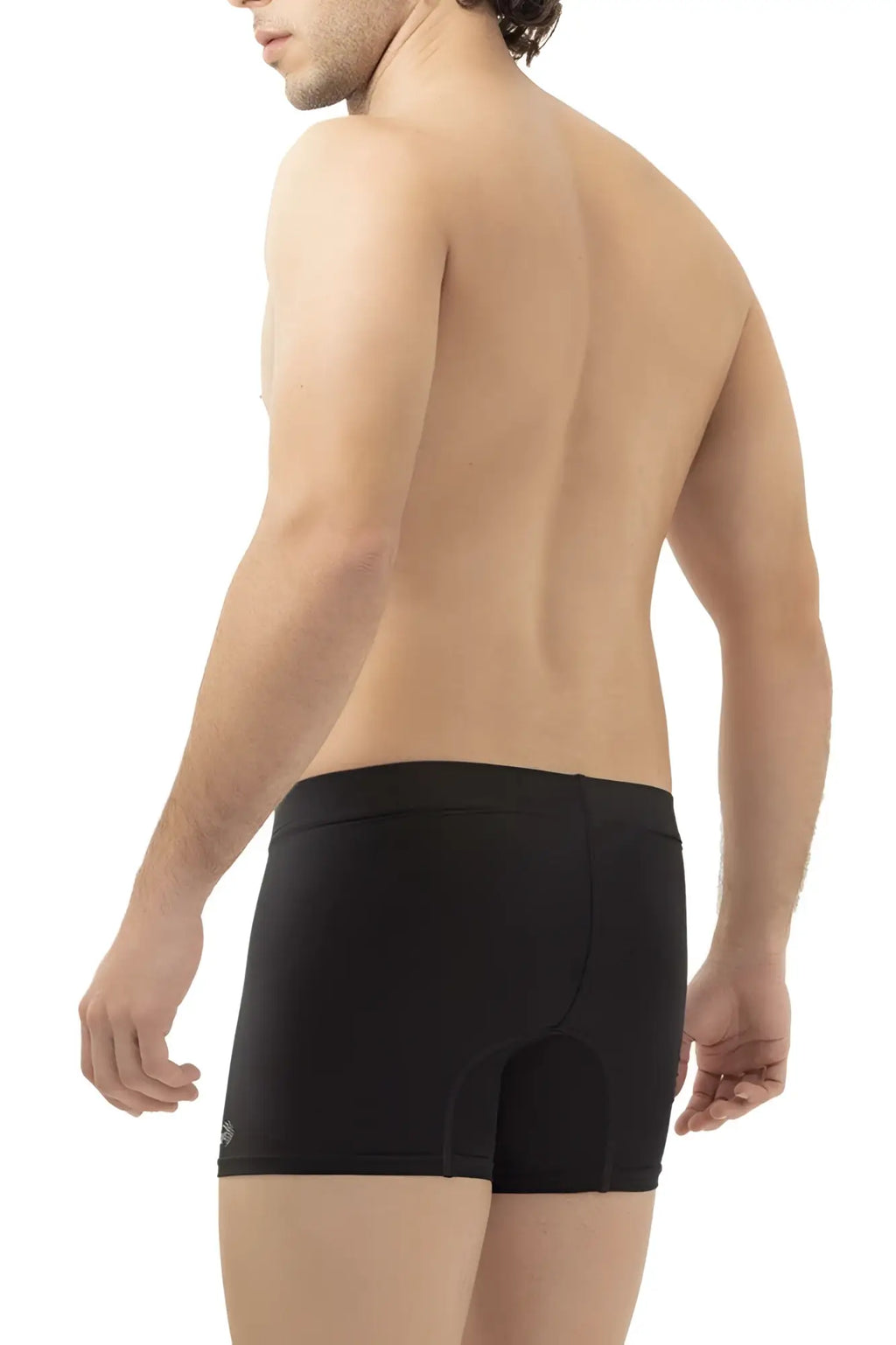 Black microfiber men’s briefs with smooth form-fitting design and subtle branding on the waistband color black