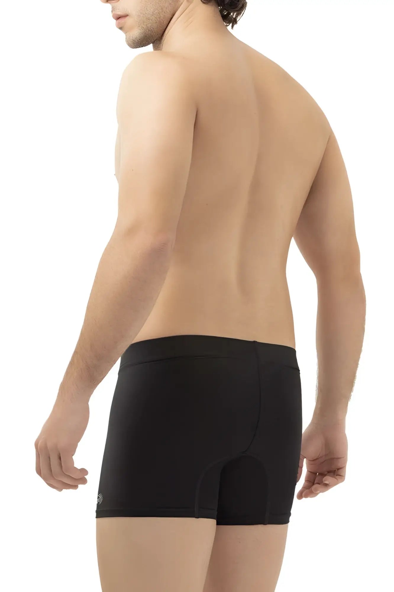 Black microfiber men’s briefs with smooth form-fitting design and subtle branding on the waistband color black