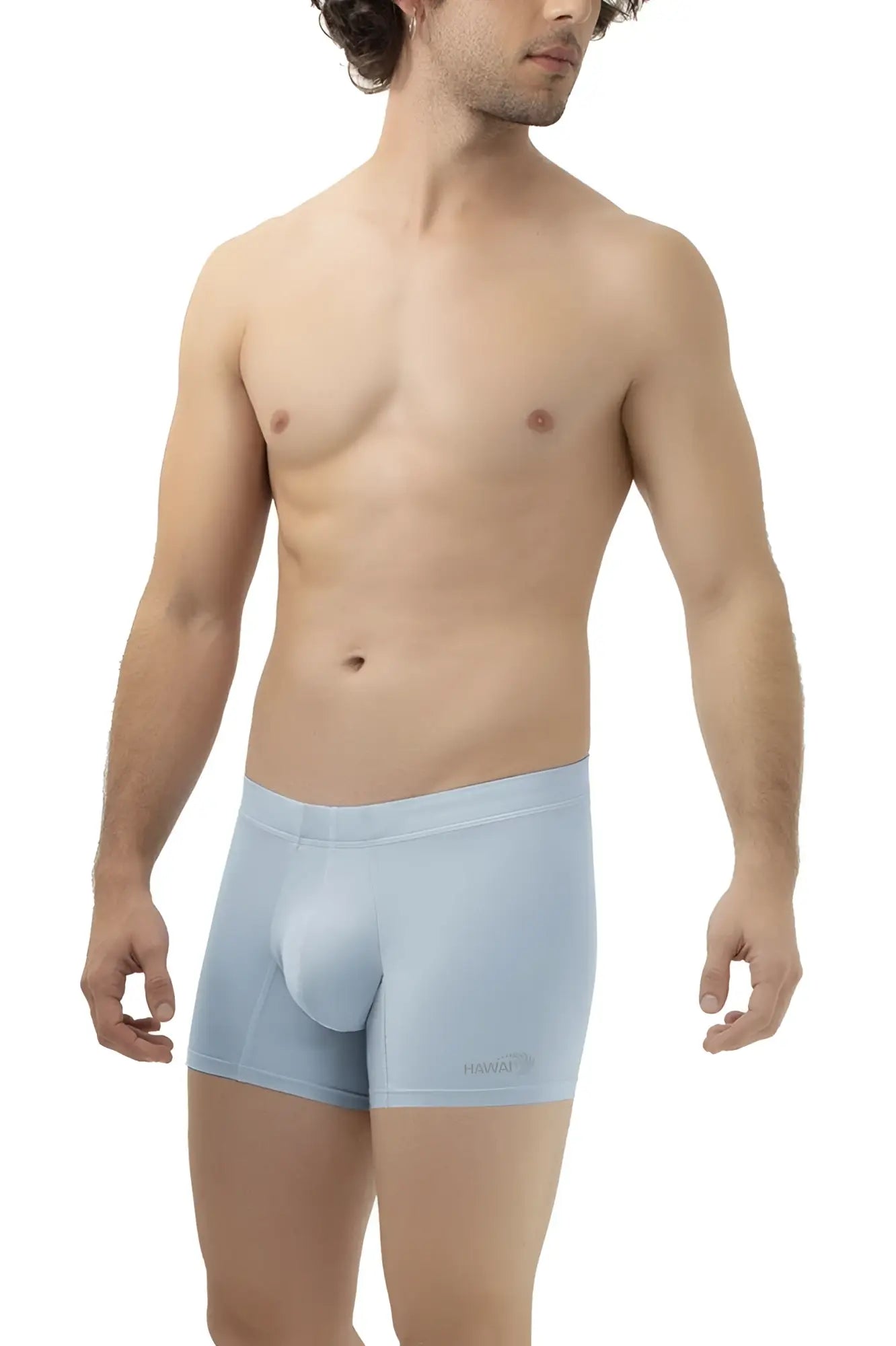 Light blue HAWAI 42222 microfiber men’s boxer briefs with a smooth form-fitting design and subtle waistband logo