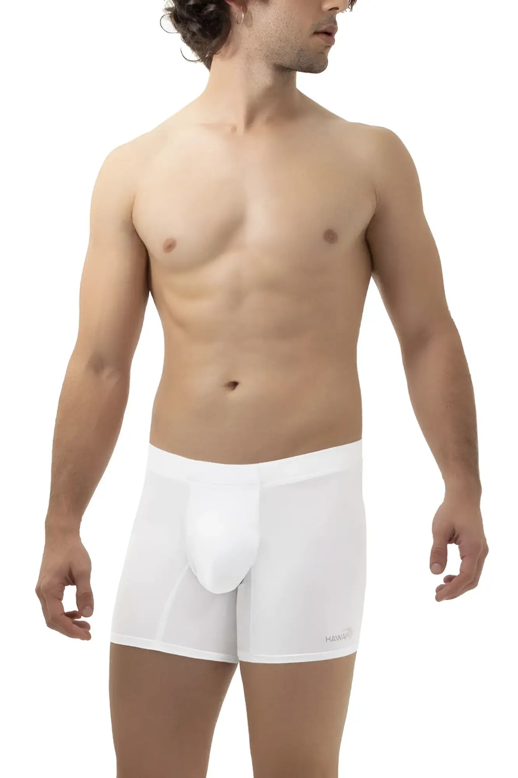 White men’s HAWAI 42222 microfiber boxer briefs with supportive pouch and elastic waistband in color white
