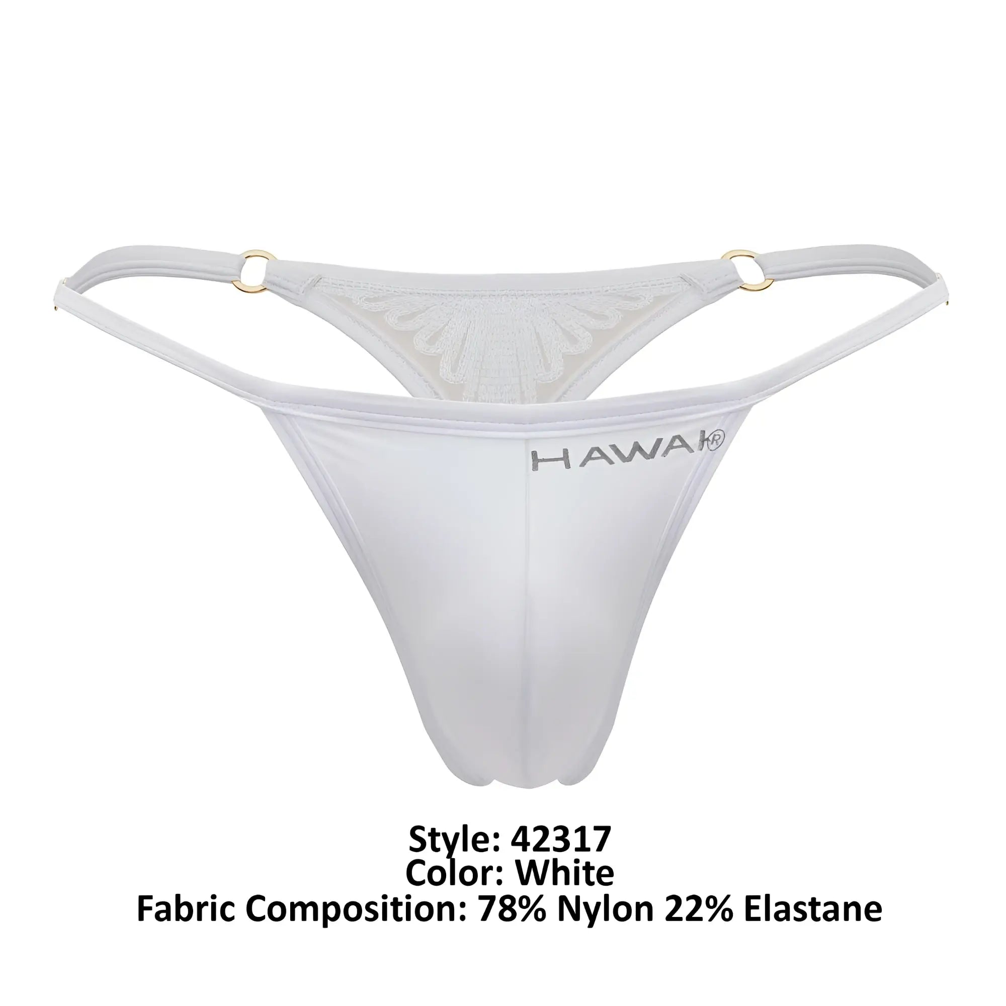 White hawa microfiber thong with sheer lace back and gold toned metal rings shown from the back side
