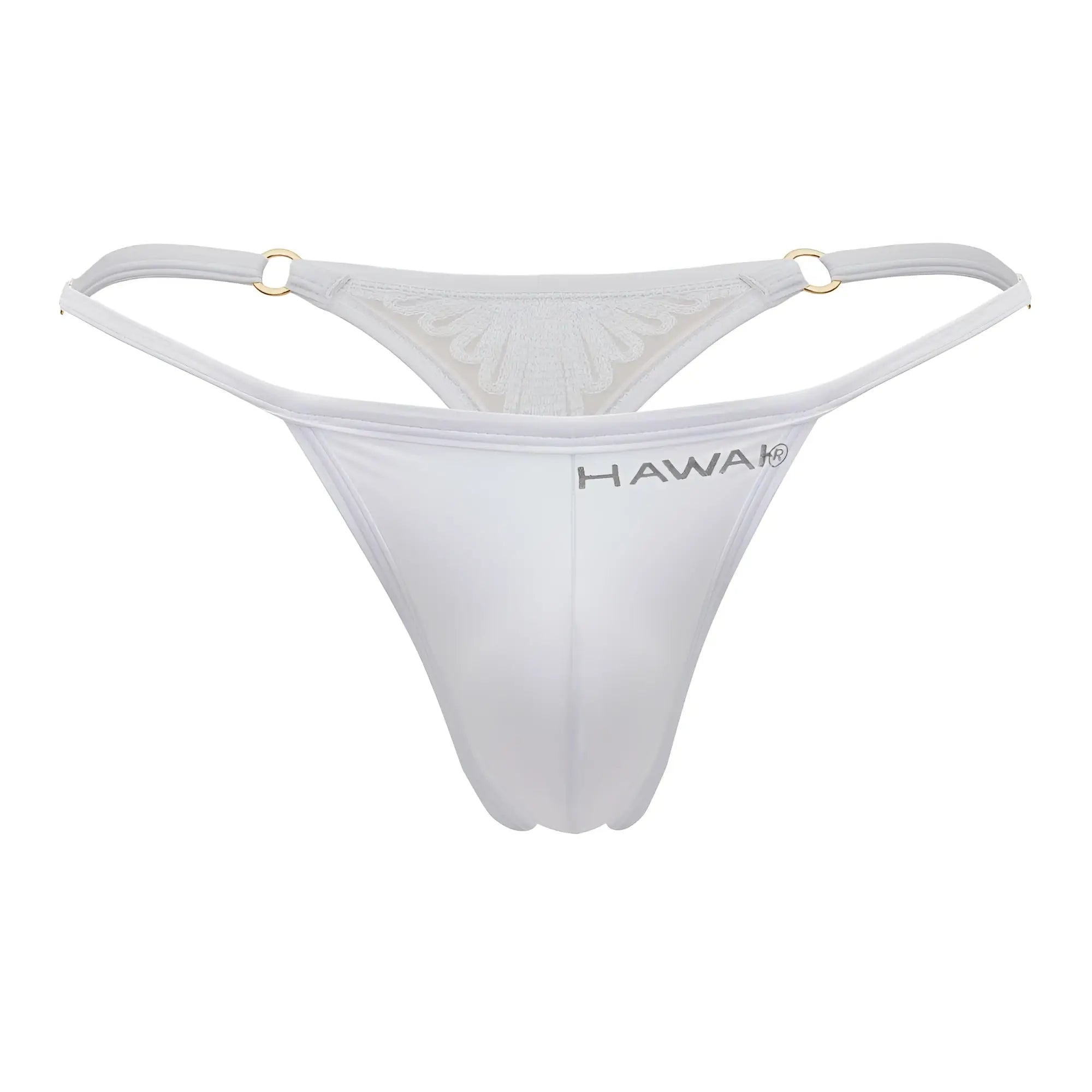 White hawaii brand thong with sheer mesh back and gold toned metal rings in microfiber material color white