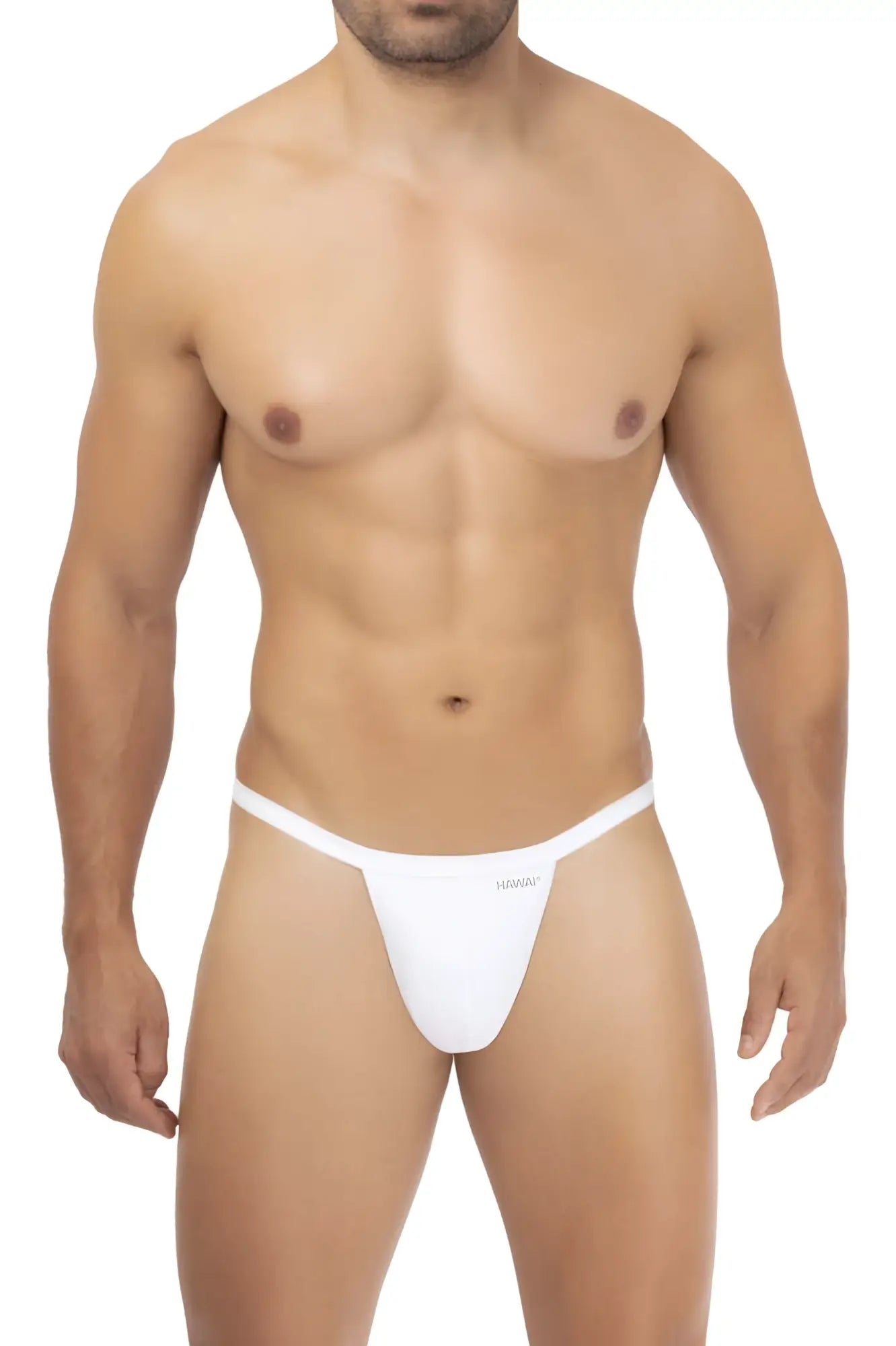 White men’s microfiber thong in white with minimalist design and hilario brand name subtly printed on the front