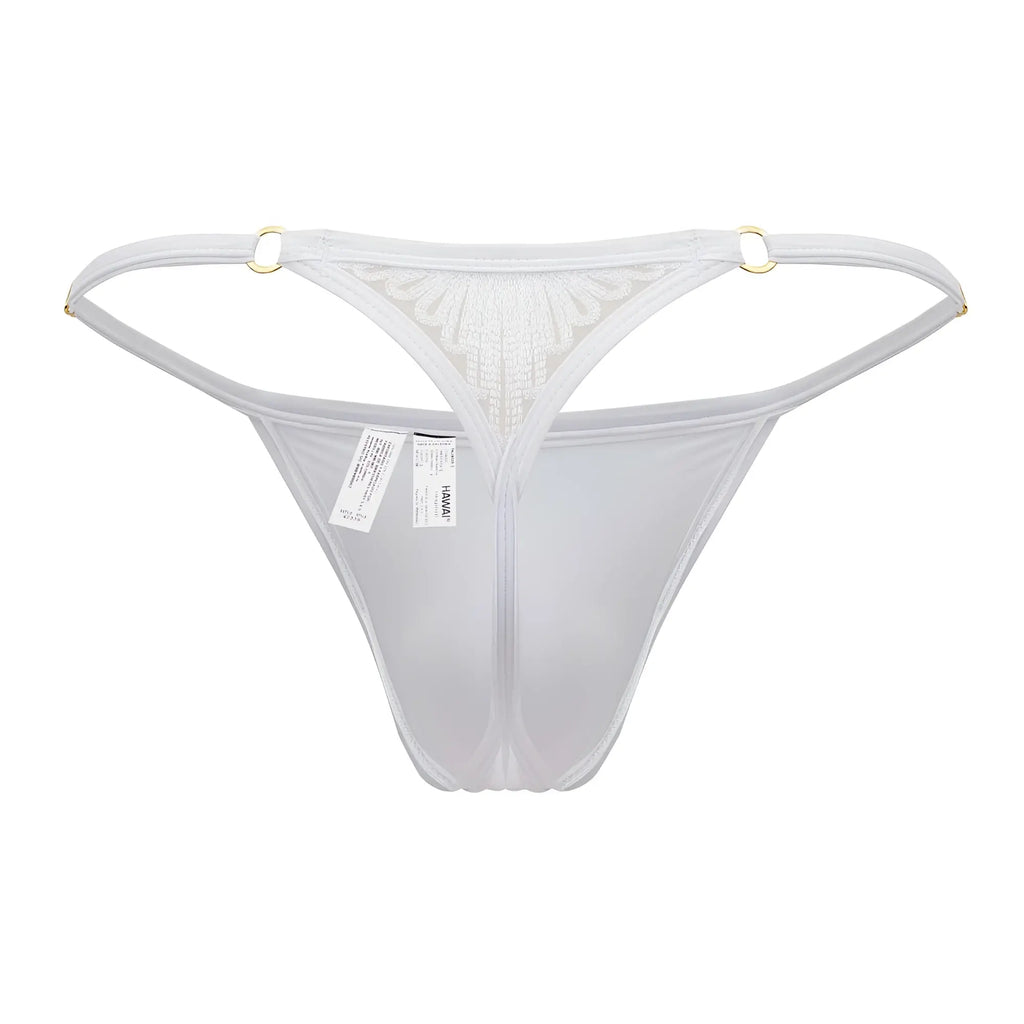 White sheer microfiber thong with delicate lace detailing and gold-toned metal rings at waistband from hawai 42317