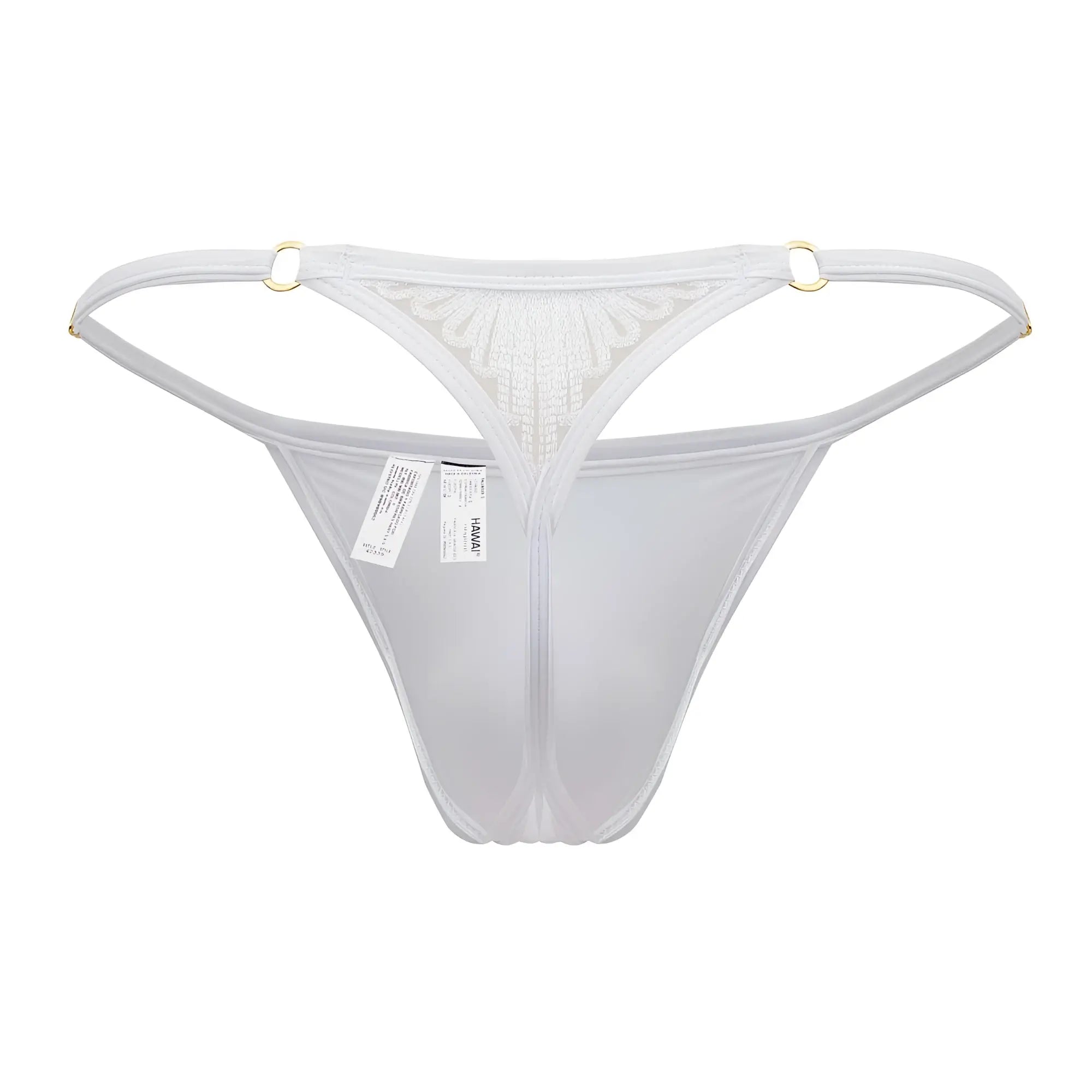 White sheer microfiber thong with delicate lace detailing and gold-toned metal rings at waistband from hawai 42317