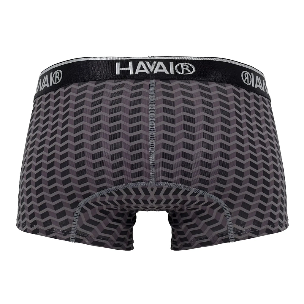 Black and gray geometric patterned havai men’s boxer briefs with branded elastic waistband in gray color