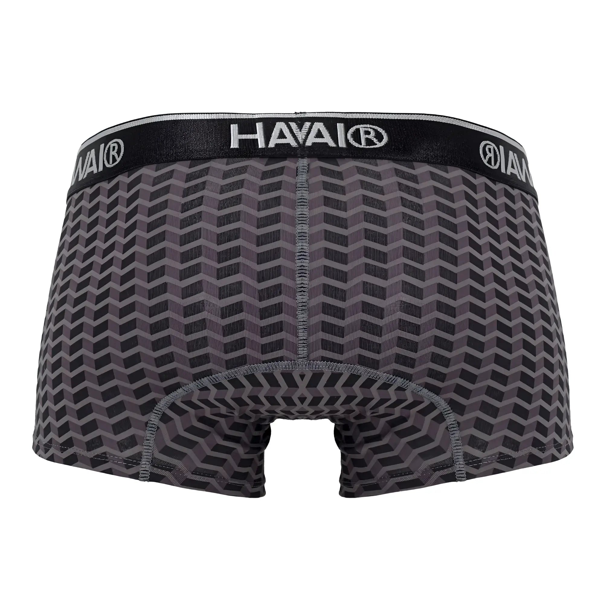 Black and gray geometric patterned havai men’s boxer briefs with branded elastic waistband in gray color