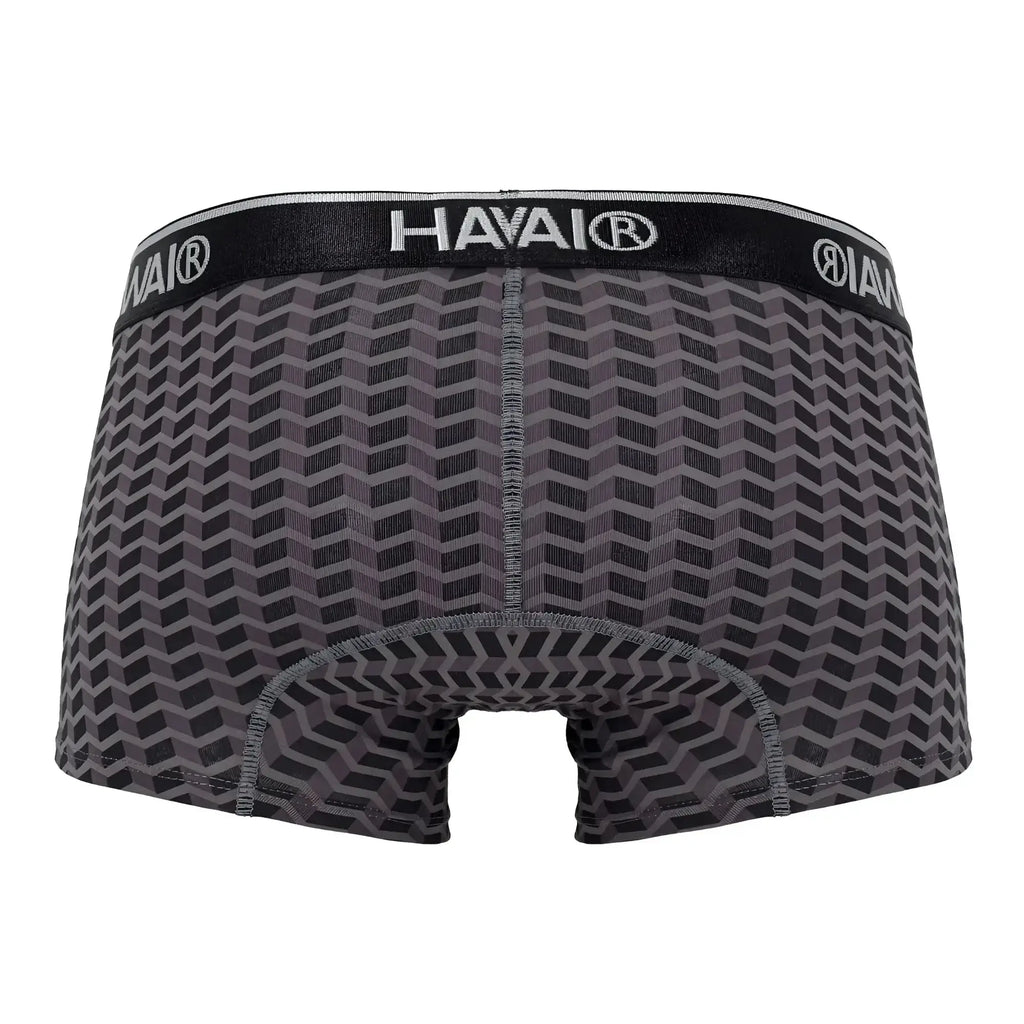 Black and gray geometric patterned havai men’s boxer briefs with branded elastic waistband in gray color