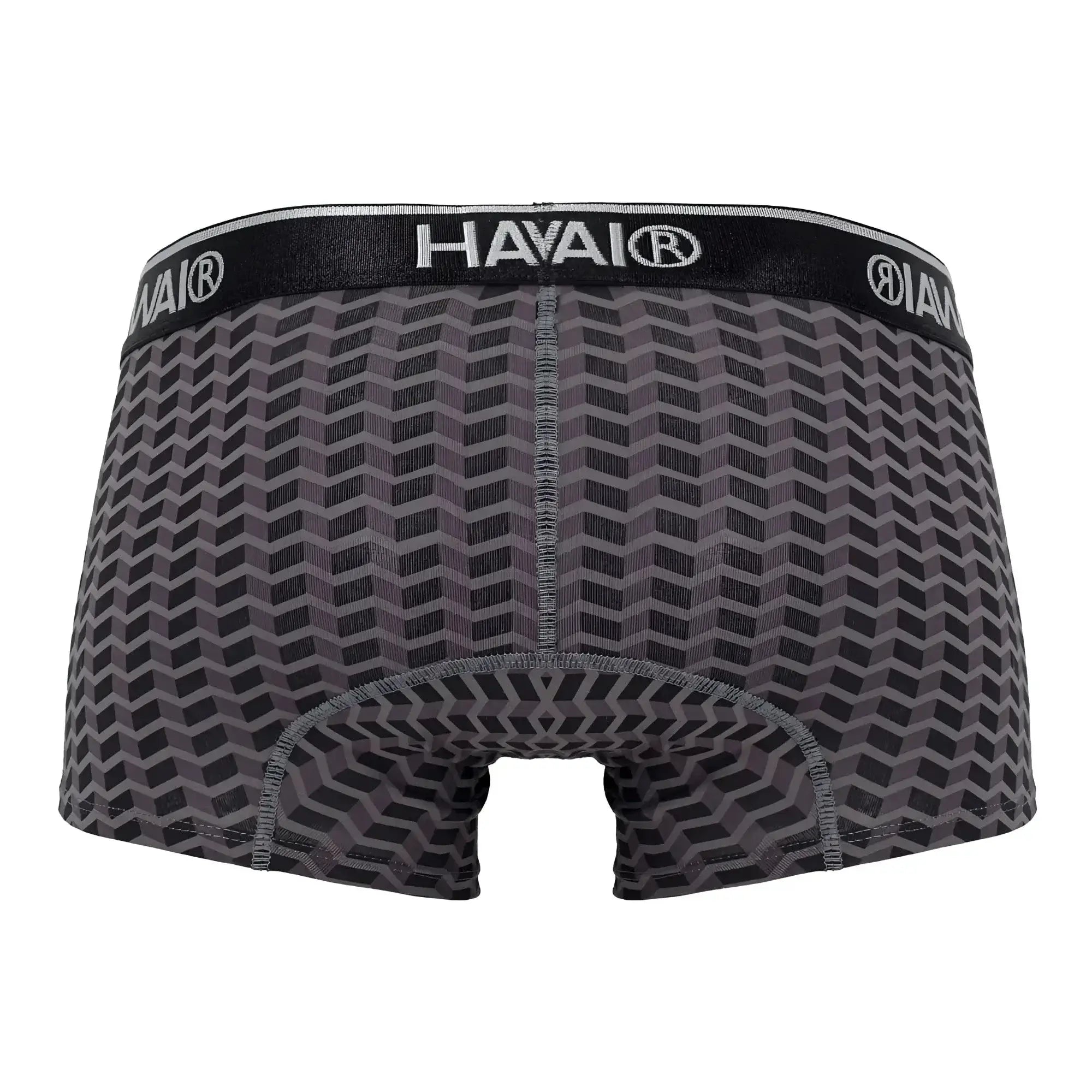 Black and gray geometric patterned havai men’s boxer briefs with branded elastic waistband in gray color