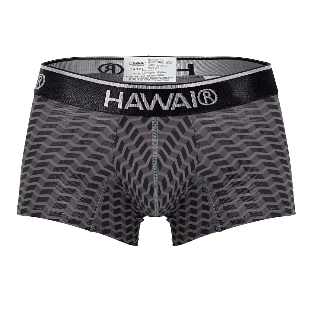 Gray and black geometric patterned hawaii 42371 printed trunks with branded elastic waistband for men