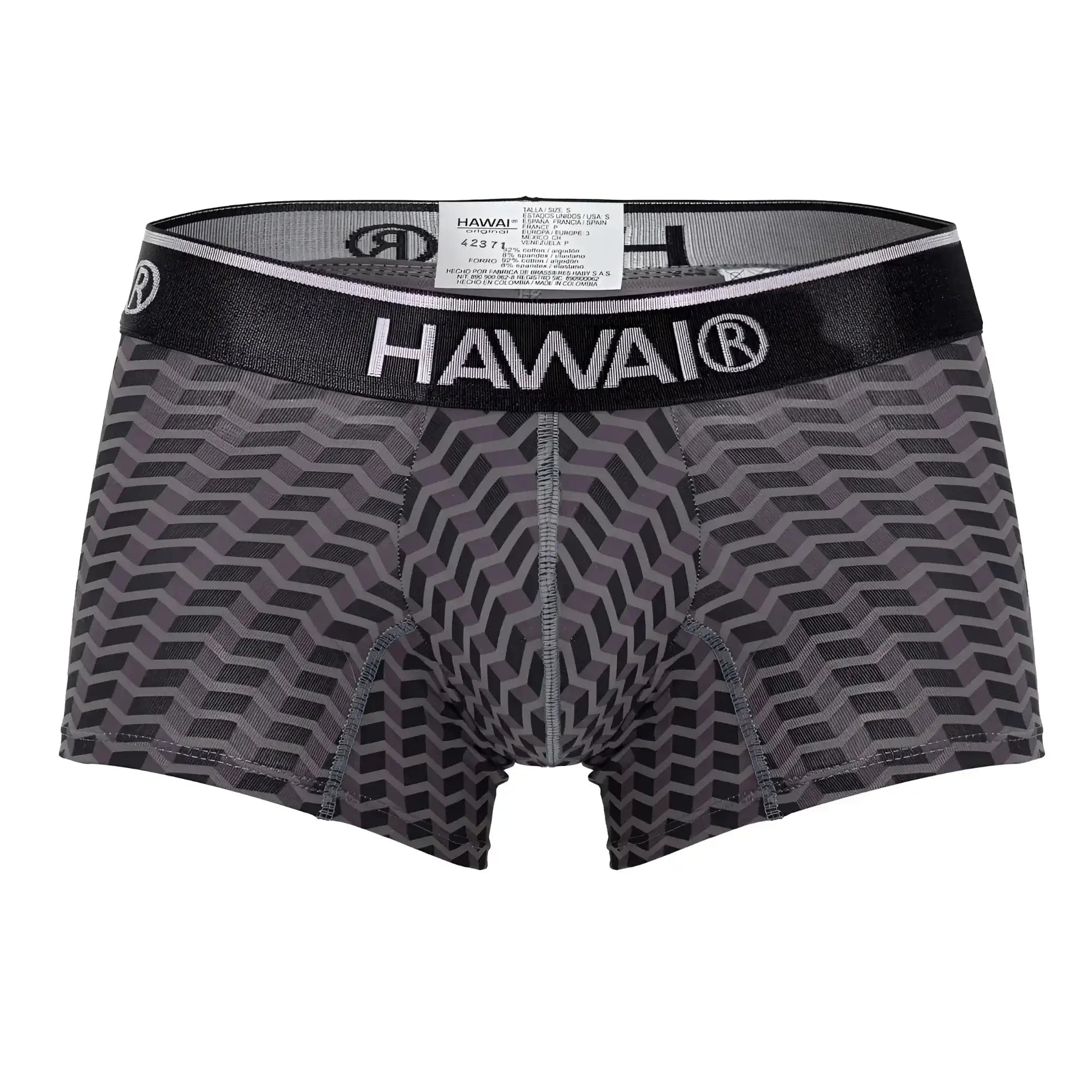 Gray and black geometric patterned hawaii 42371 printed trunks with branded elastic waistband for men