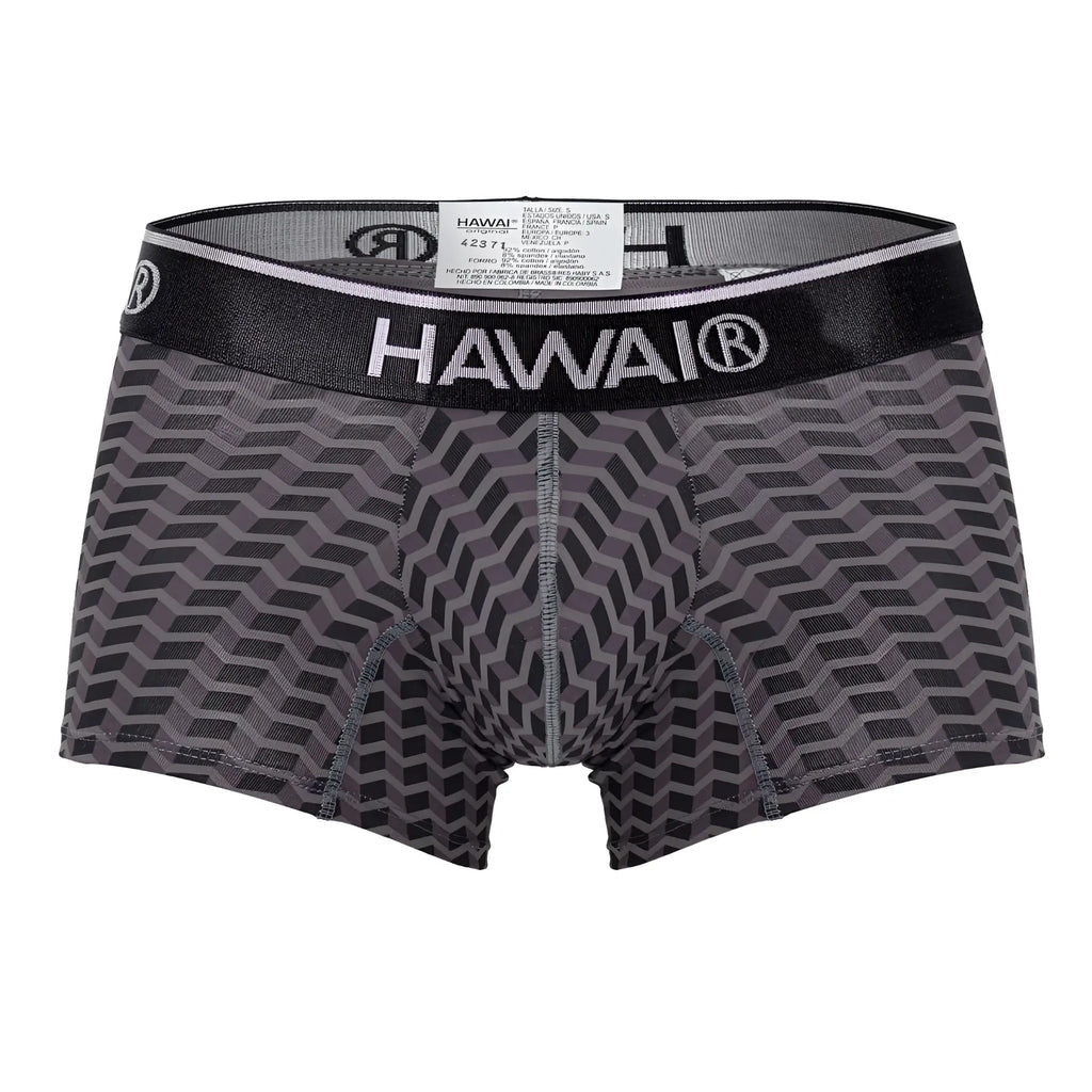 Gray and black geometric patterned hawaii 42371 printed trunks with branded elastic waistband for men