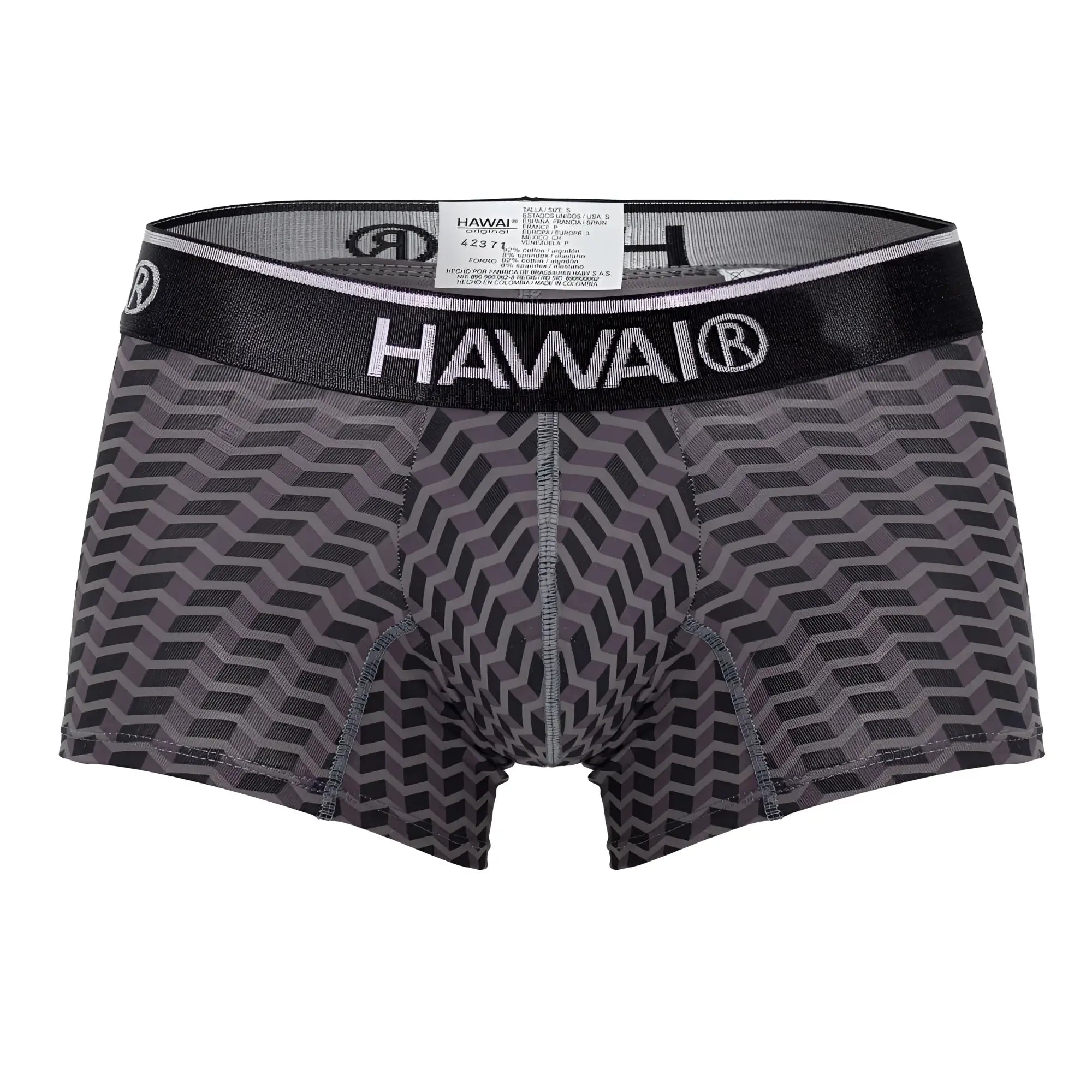 Gray and black geometric patterned hawaii 42371 printed trunks with branded elastic waistband for men