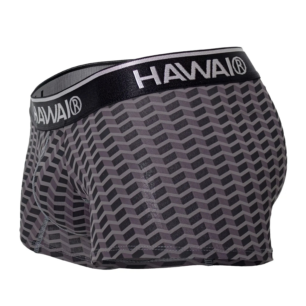 Gray and black geometric patterned hawaï 42371 printed trunks with branded elastic waistband for men