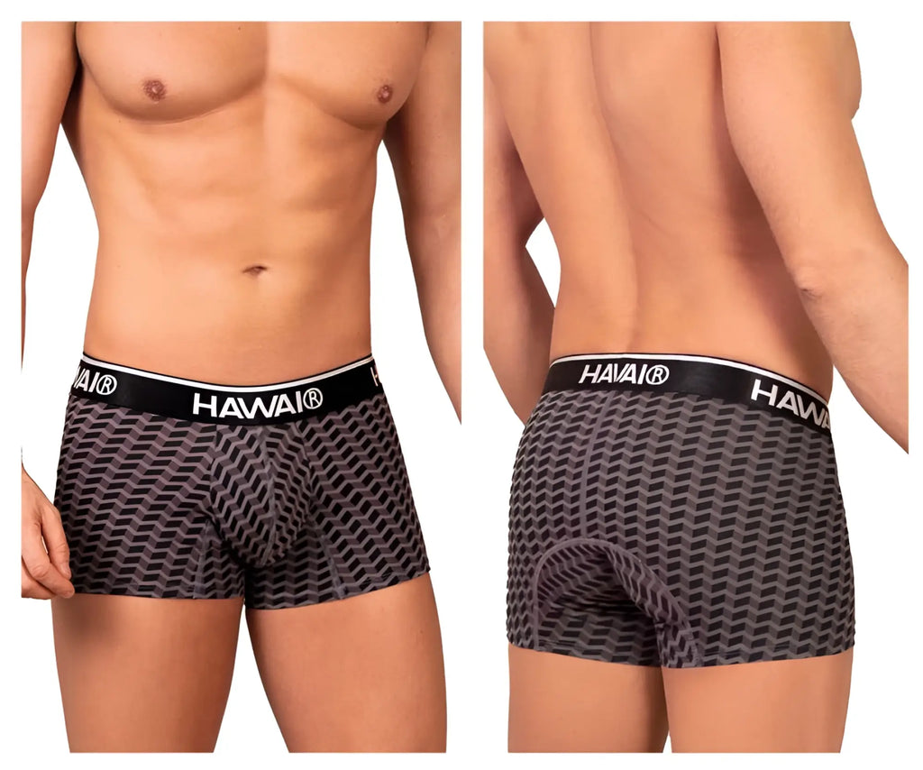 Gray black patterned hawaii 42371 printed trunks for men with black waistband and white hawaii branding