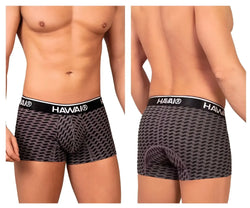 Gray black patterned hawaii 42371 printed trunks for men with black waistband and white hawaii branding