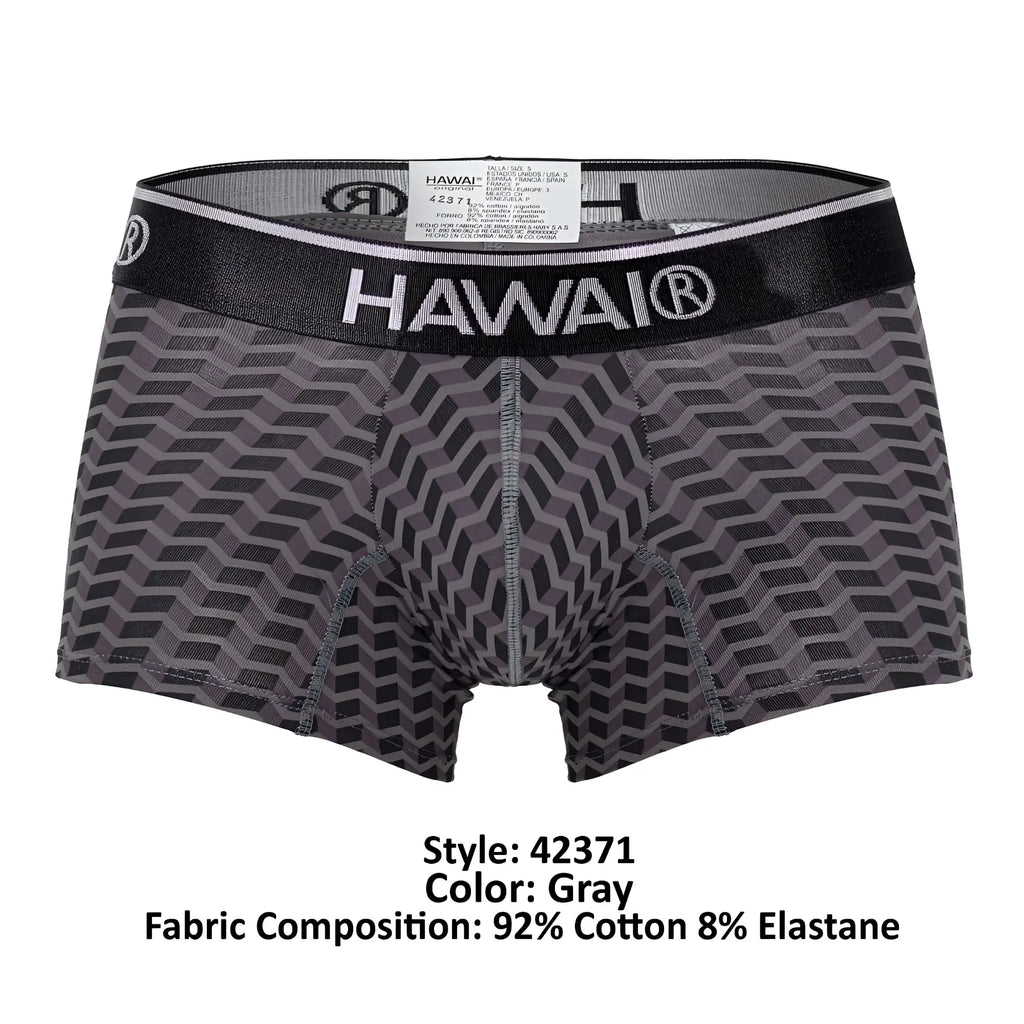 Gray patterned men’s boxer briefs with black waistband featuring Hawai brand name in white lettering, HAWAI 42371 printed trunks