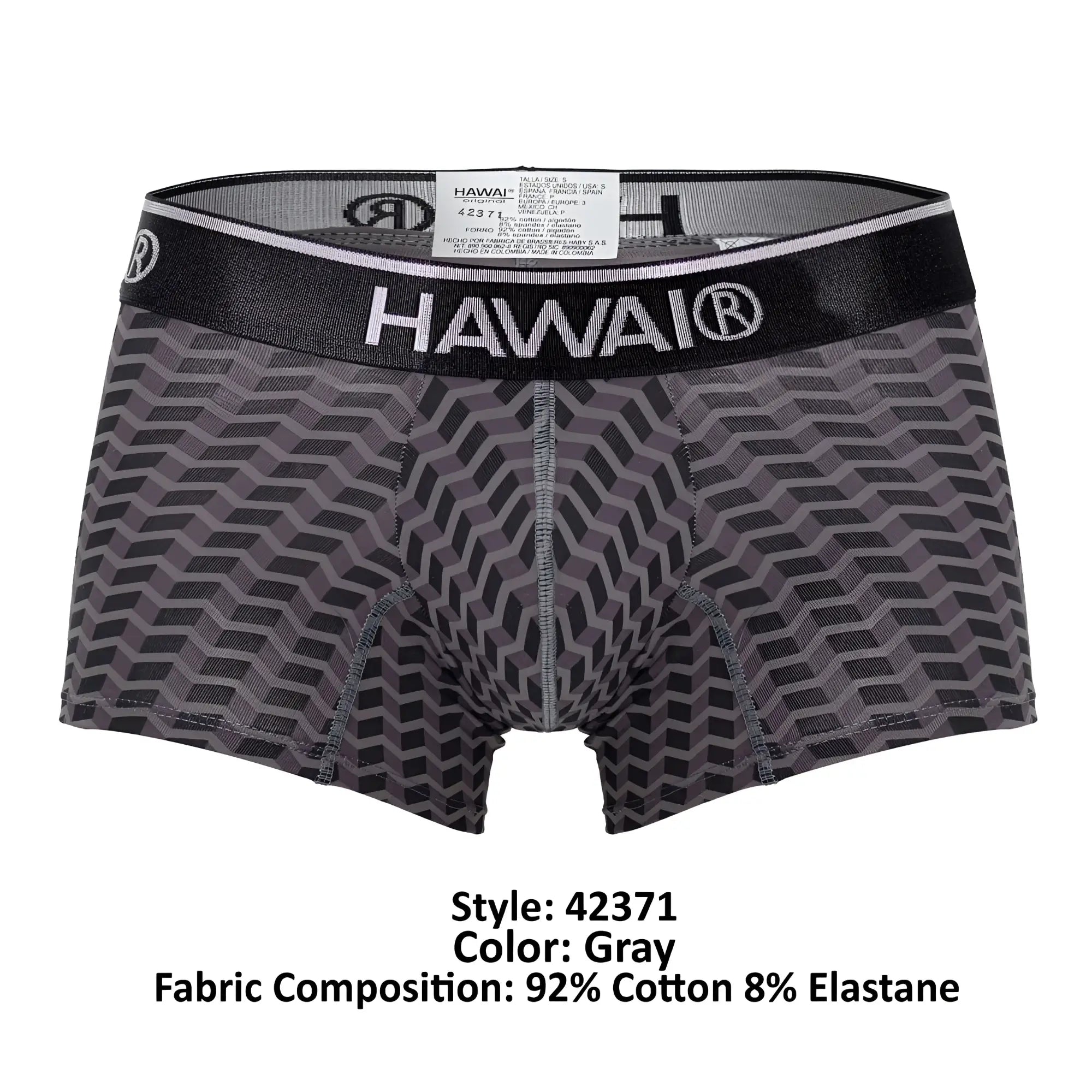 Gray patterned men’s boxer briefs with black waistband featuring Hawai brand name in white lettering, HAWAI 42371 printed trunks