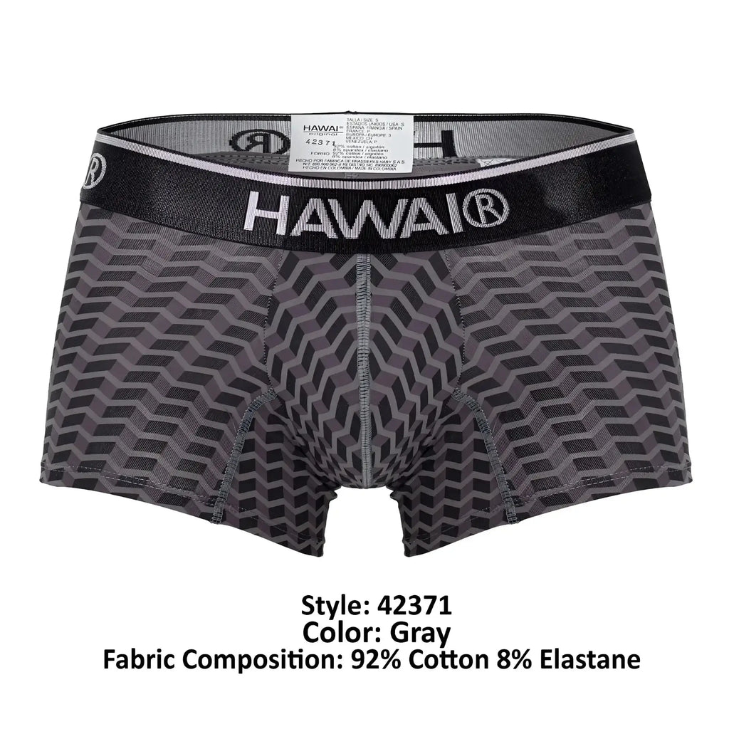 Gray patterned men’s boxer briefs with black waistband featuring Hawai brand name in white lettering.