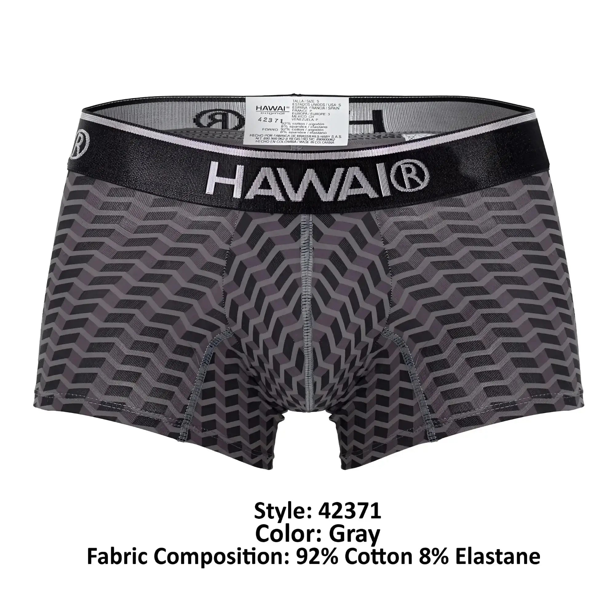 Gray patterned men’s boxer briefs with black waistband featuring Hawai brand name in white lettering.