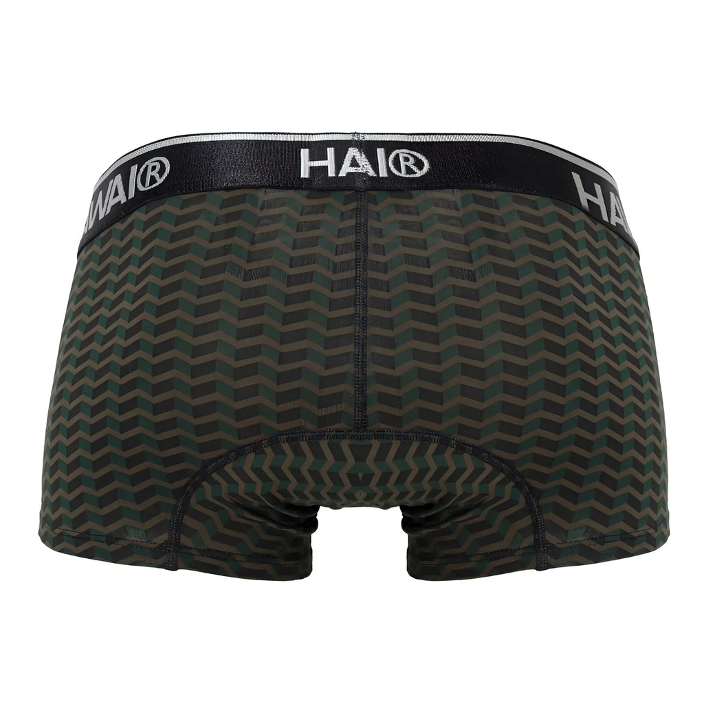 Hawai 42371 printed trunks boxer briefs in black and dark green chevron pattern with black waistband and white lettering