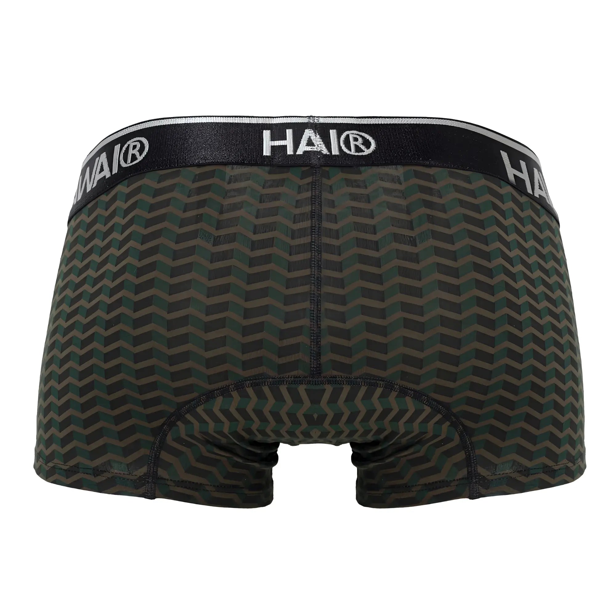 Hawai 42371 printed trunks boxer briefs in black and dark green chevron pattern with black waistband and white lettering