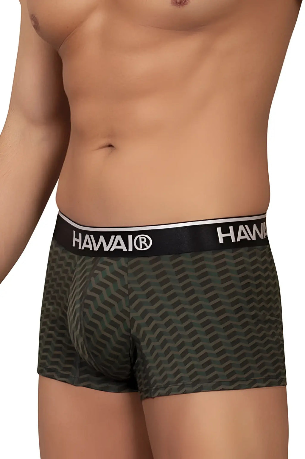 Dark green hawai 42371 printed trunks with black waistband and white logo featuring zigzag pattern on fabric