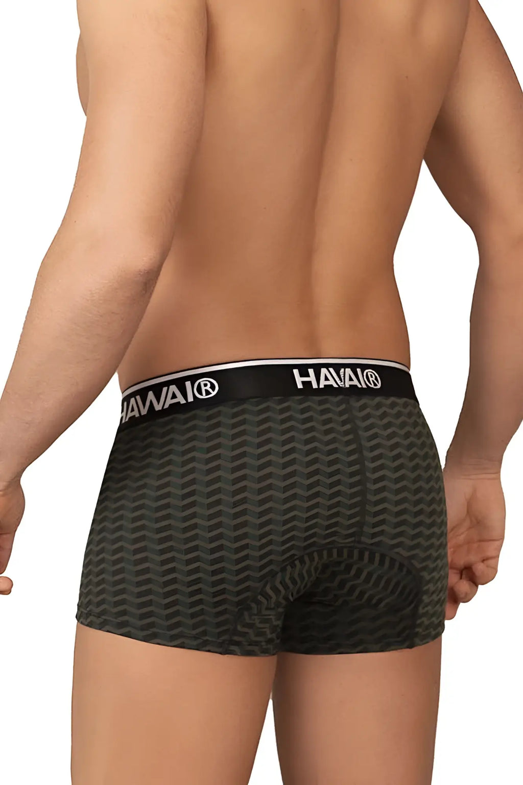 Dark green hawai 42371 printed boxer briefs with subtle wavy pattern and black waistband featuring hawai logo