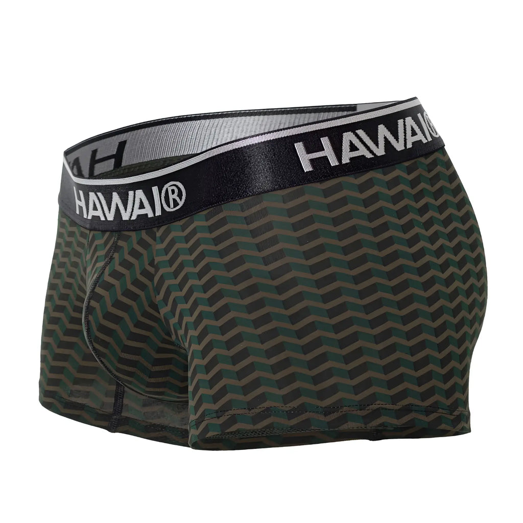 Dark green and gray chevron patterned men’s boxer briefs with black hawaii branded waistband for comfortable wear