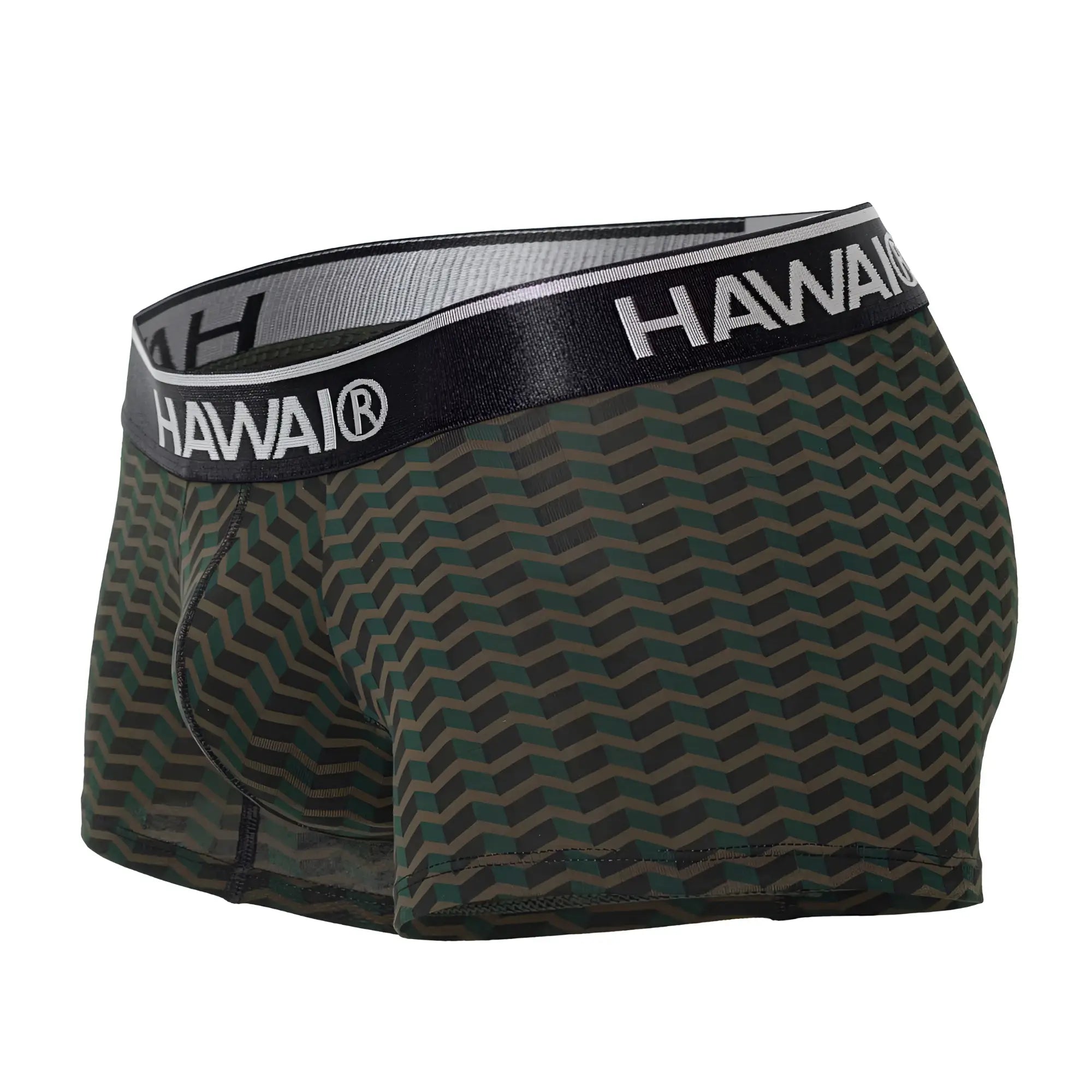Dark green and gray chevron patterned men’s boxer briefs with black hawaii branded waistband for comfortable wear