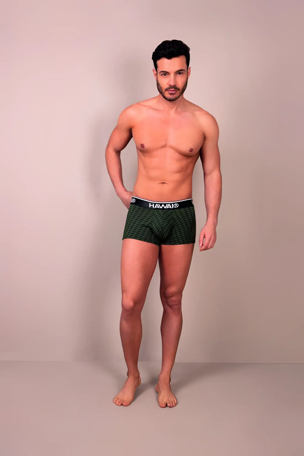 Dark green patterned boxer briefs with a black waistband featuring the hawa brand logo printed trunks color green
