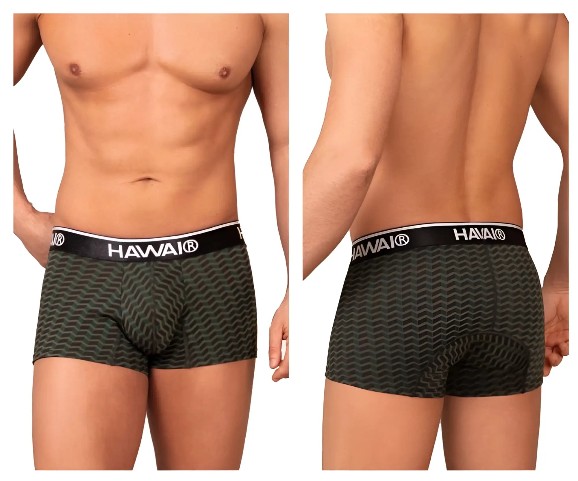 Dark green patterned hawai 42371 printed trunks with black elastic waistband featuring white hawai branding