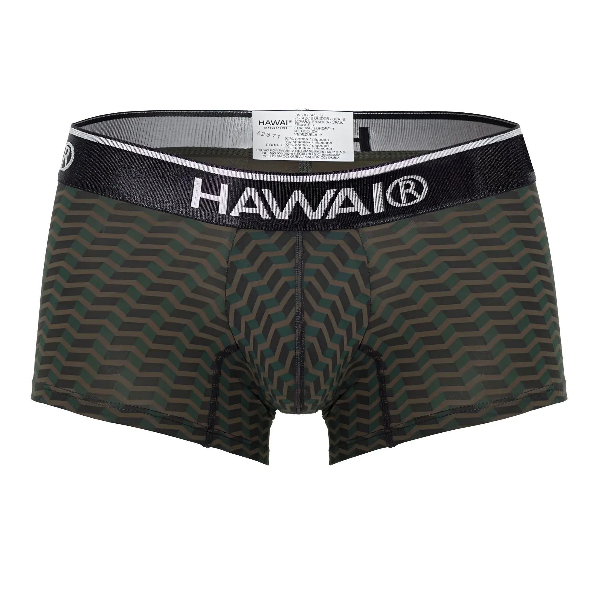 Hawaii 42371 printed trunks men’s boxer briefs in dark green and black geometric pattern with black waistband and white lettering