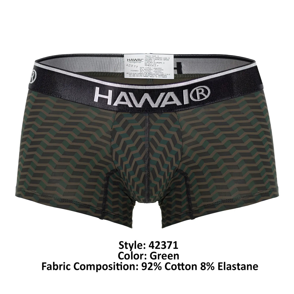 Green patterned hawai 42371 printed trunks men’s boxer briefs with black waistband white lettering and trim