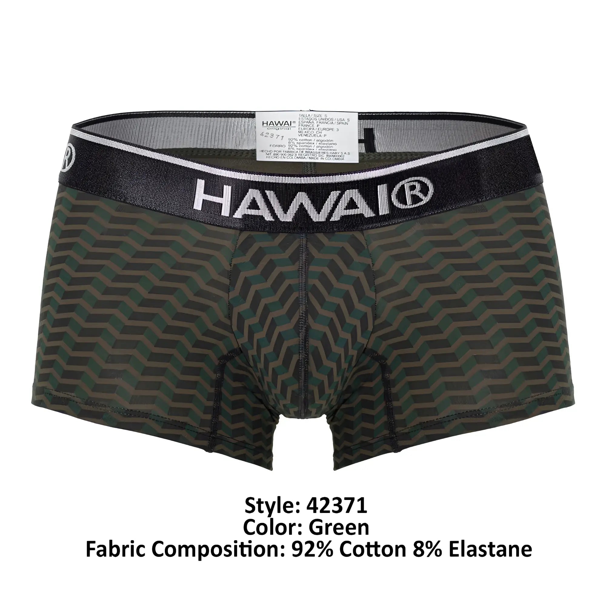 Green patterned hawai 42371 printed trunks men’s boxer briefs with black waistband white lettering and trim