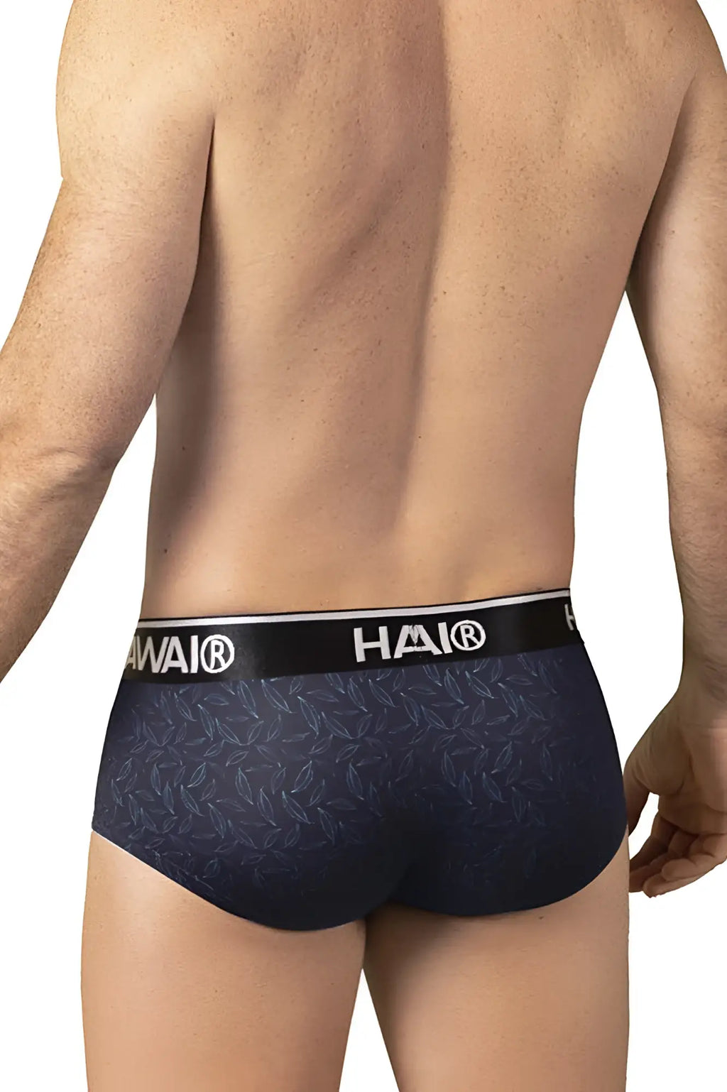 Dark navy blue hai briefs with subtle leaf pattern and black elastic waistband in hawai 42380 printed briefs color black