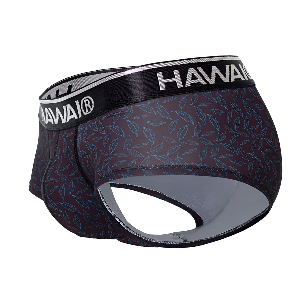 Dark purple hawaii 42380 printed briefs with subtle leaf pattern and black waistband with white hawaii logo