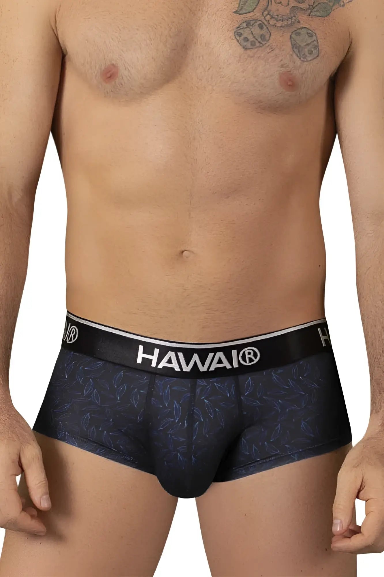 Black hawai 42380 printed briefs featuring subtle blue leaf pattern and white branding on waistband in black