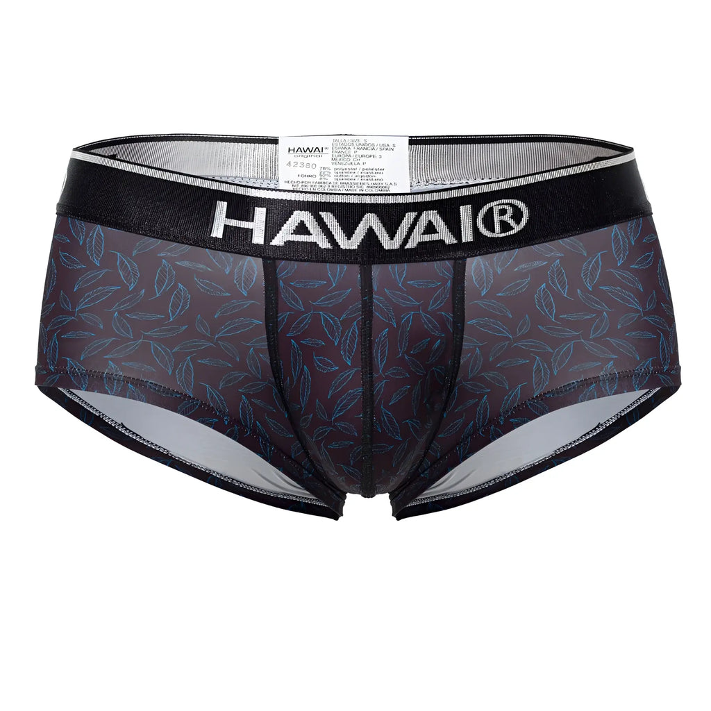 Black Hawai 42380 printed briefs men’s underwear in sheer dark gray fabric with blue leaf pattern and black trim