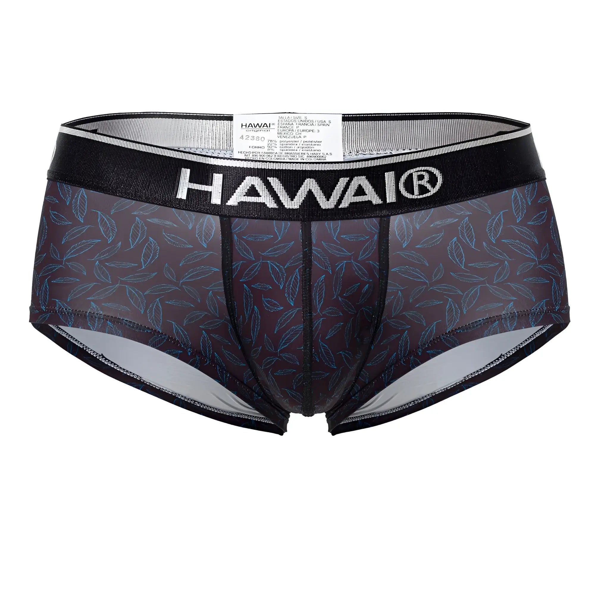 Black Hawai 42380 printed briefs men’s underwear in sheer dark gray fabric with blue leaf pattern and black trim