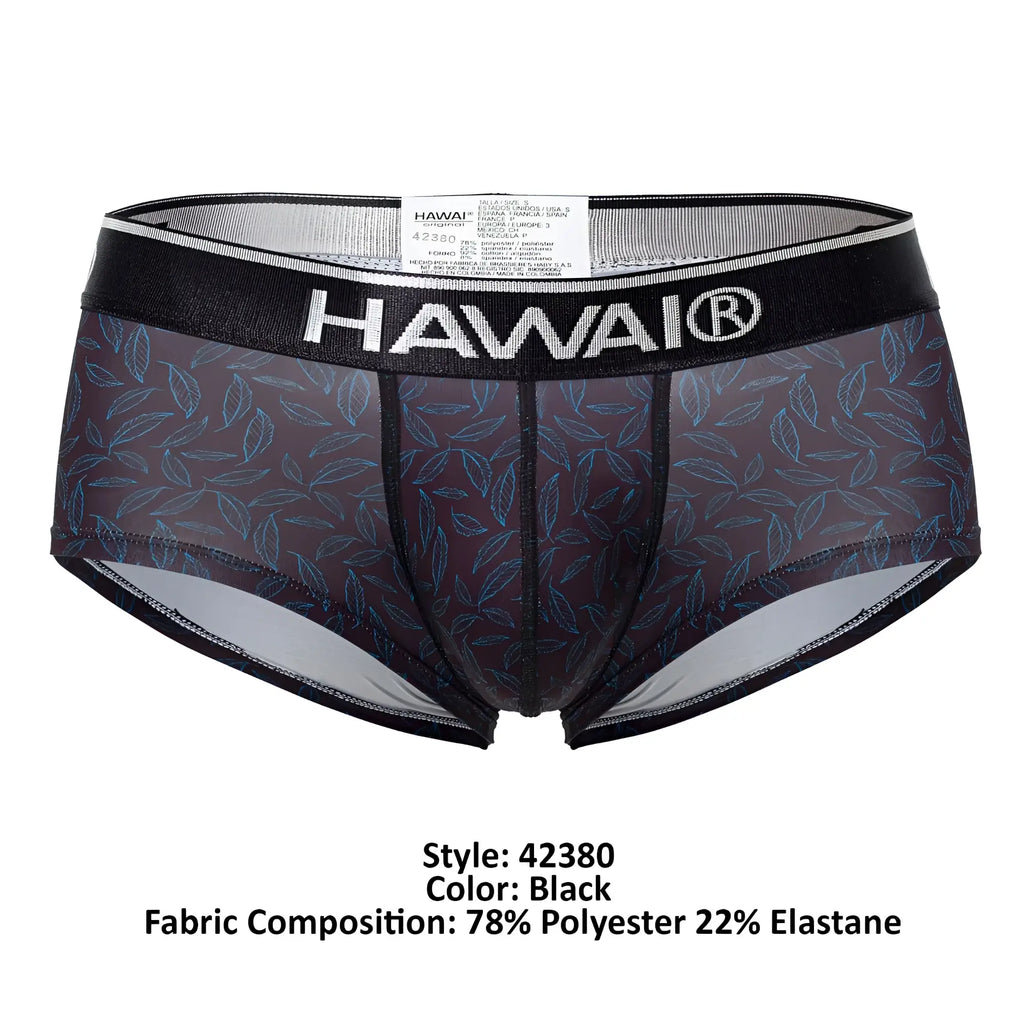 Black hawaii men’s briefs with sheer leaf-patterned fabric and black elastic waistband in color black model hawai 42380