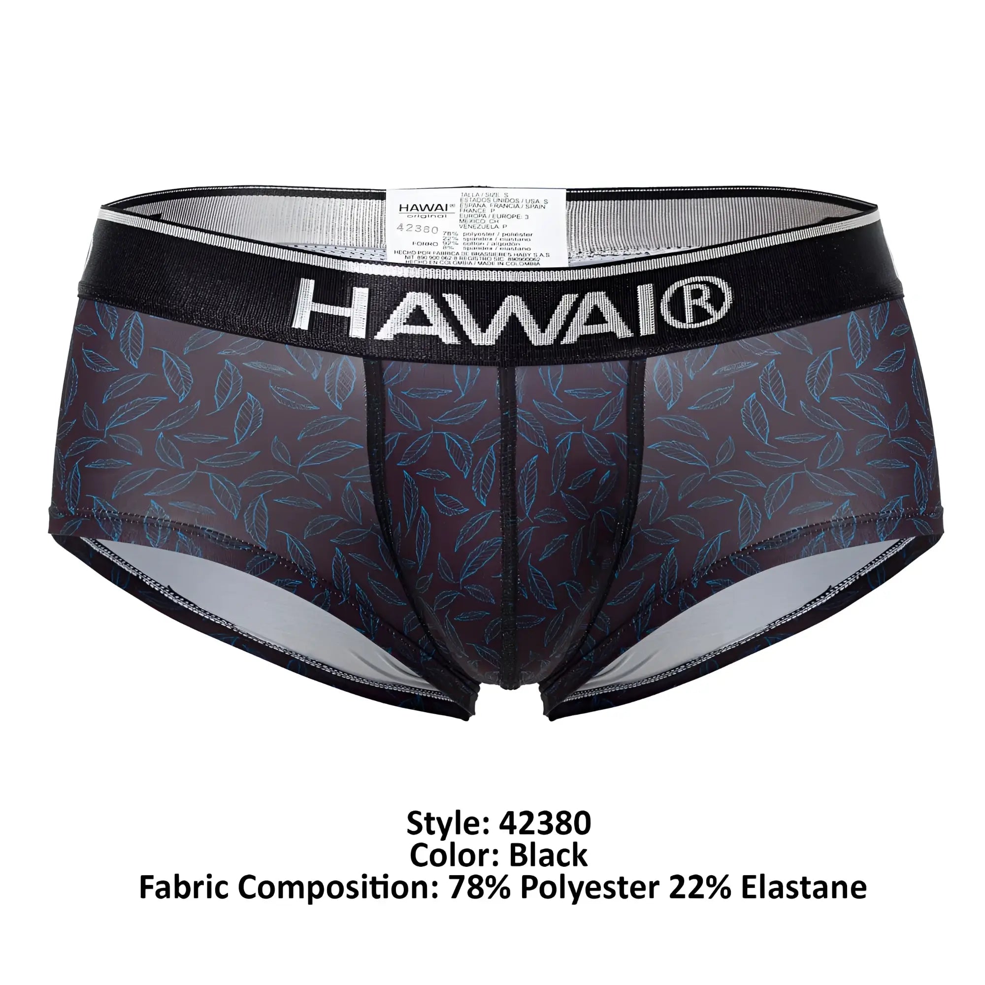 Black hawaii men’s briefs with sheer leaf-patterned fabric and black elastic waistband in color black model hawai 42380